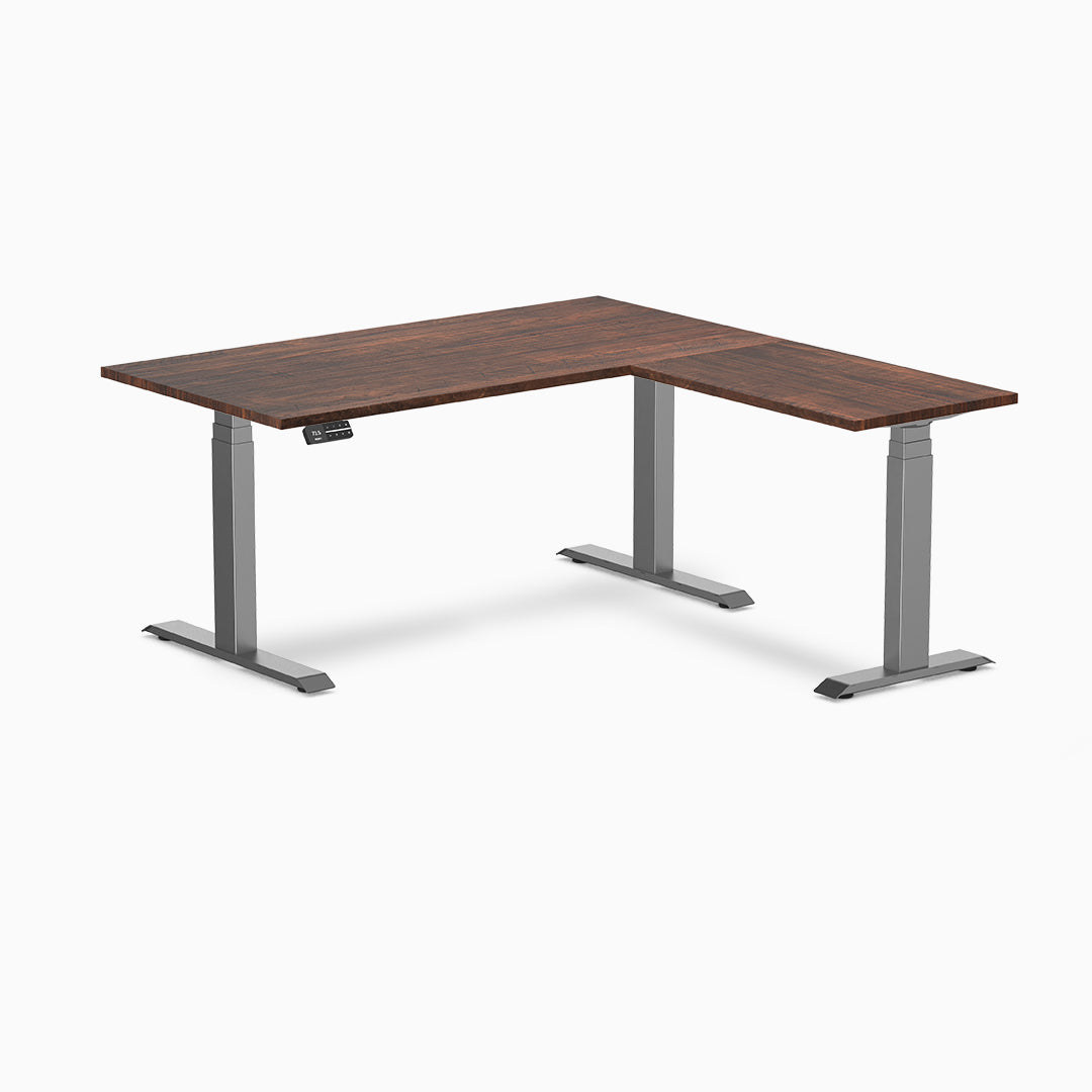 Desky Bamboo L-Shape Sit Stand Desk 150x155cm (American Rustic Pine Top/Matte Black Leg)