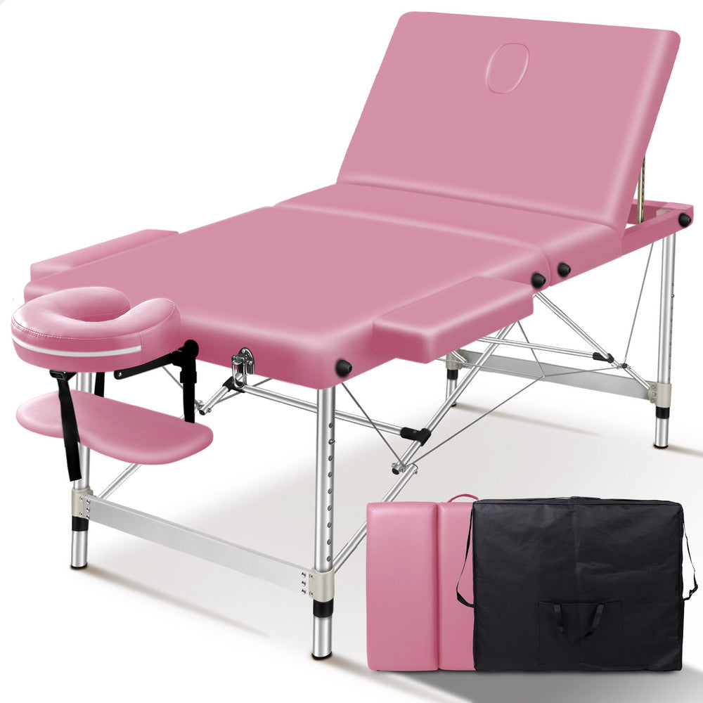 ALFORDSON Massage Table 3 Fold 75cm Foldable Portable Aluminium Lift Up Bed Desk (Pink)