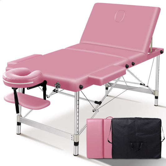 ALFORDSON Massage Table 3 Fold 75cm Foldable Portable Aluminium Lift Up Bed Desk (Pink)