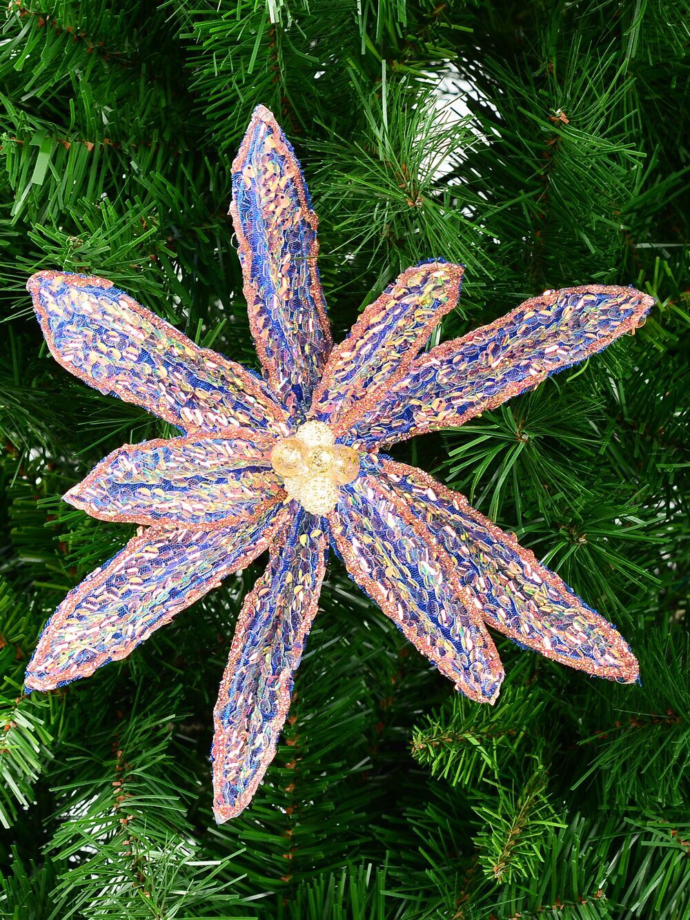 Blue Poinsettia With Iridescent Sequins Christmas Tree Clip Pick | 26cmBlue with Iridescent & Pink