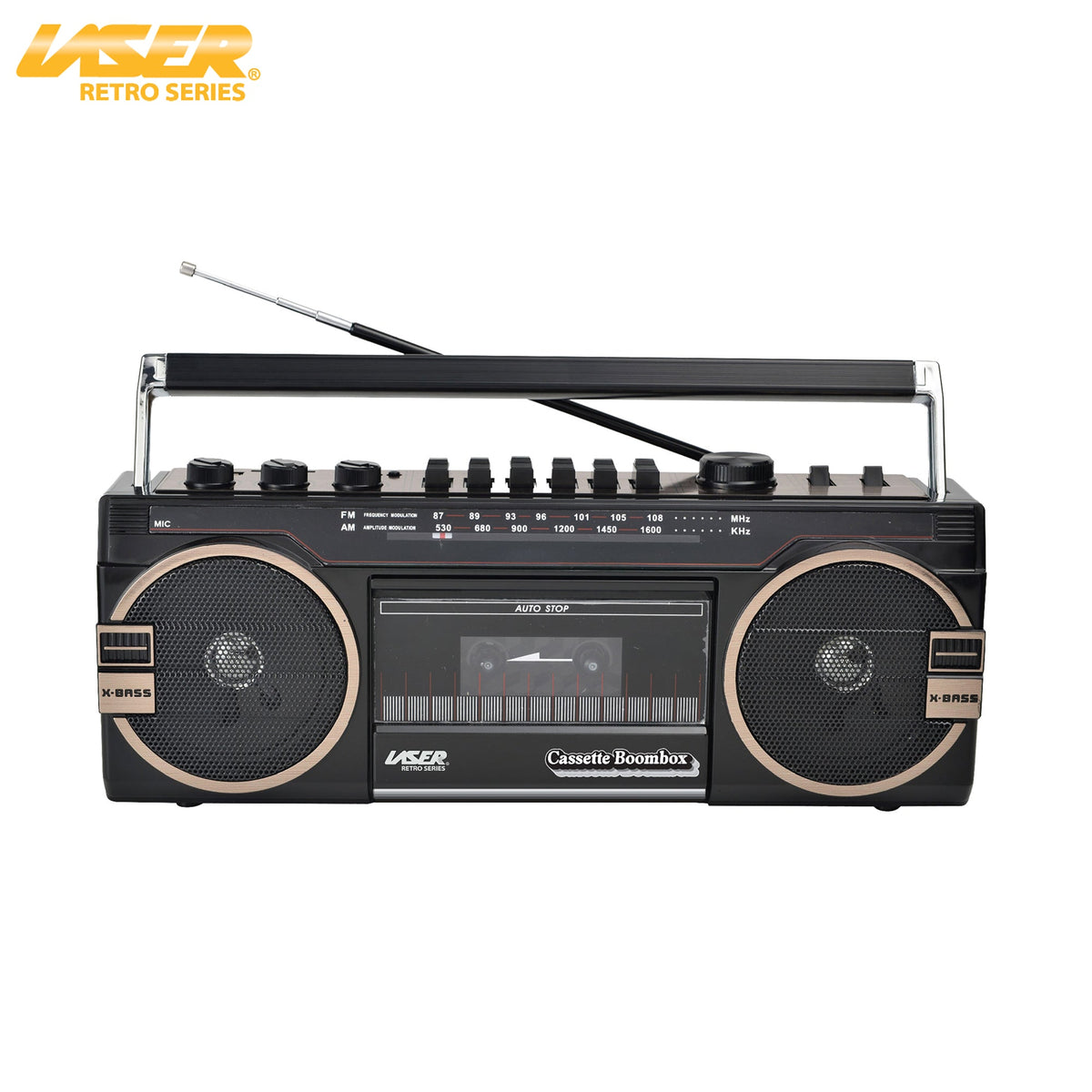 Laser Retro Cassette Boombox with AM FM Radio (Black)