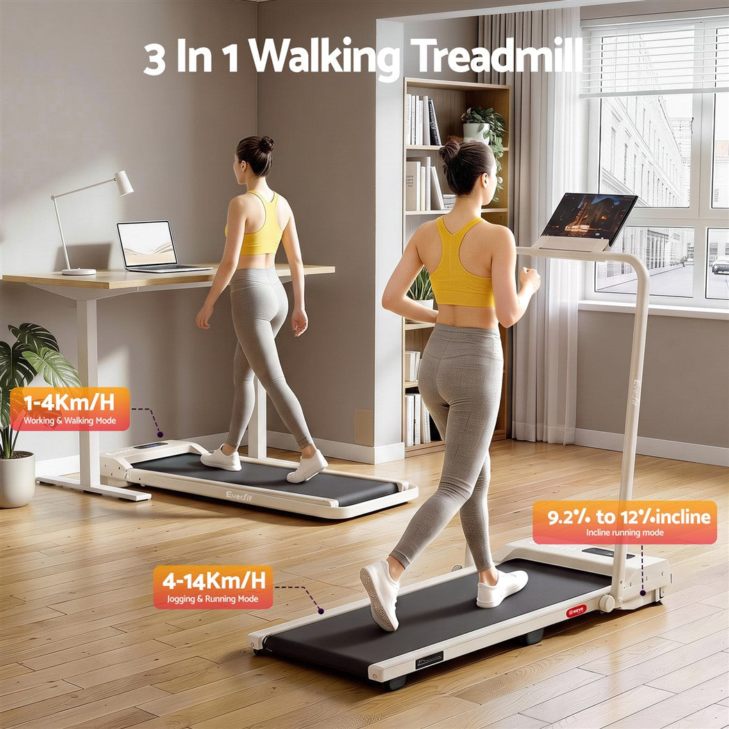 Everfit 3 in 1 Walking Pad Treadmill 12% Incline Foldable Under Desk Treadmills for Home 38cm Beige