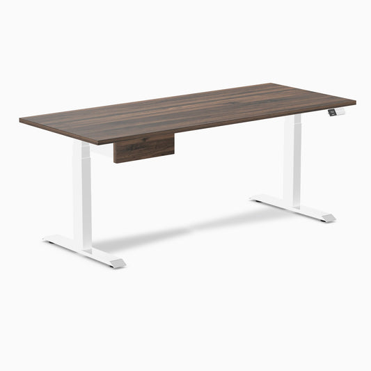 Desky Dual Melamine Standing Desk With Drawer 180cm Jarrah Legno Desktop and White Frame