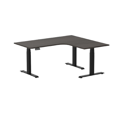 Desky L-Shape Melamine Sit Stand Desk 180cm - Right Return Burnished Wood Top and Matte Black Leg