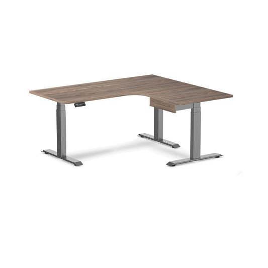 Desky L-Shape Melamine Standing Desk With Drawer 160cm - Right Return Natural Walnut Top and Space Grey Leg