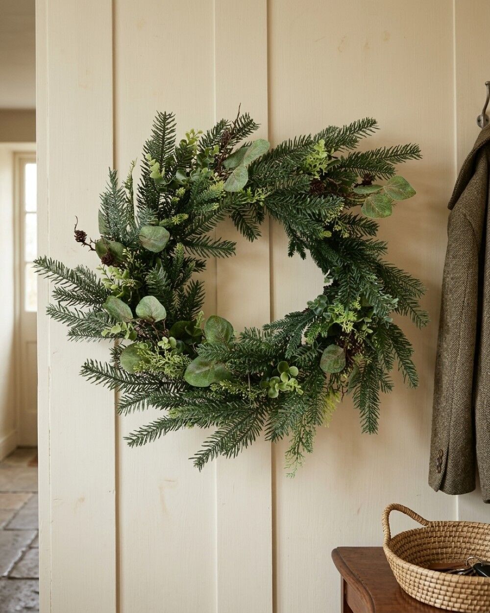 60cm Botanical Mixed Foliage Christmas Wreath With Pine ConesGreen with Brown