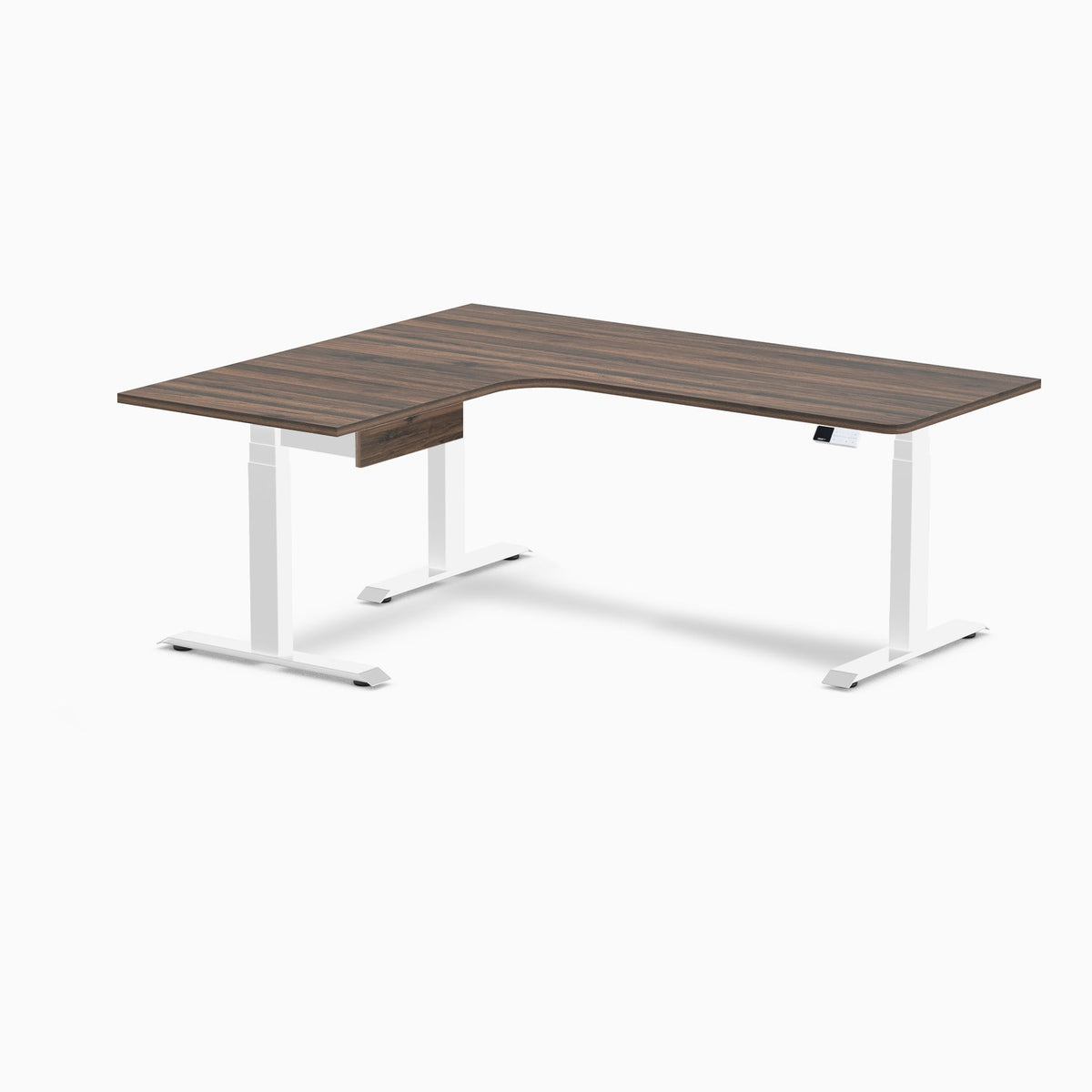 Desky L-Shape Melamine Standing Desk With Drawer 180cm - Left Return Jarrah Legno Top and White Leg