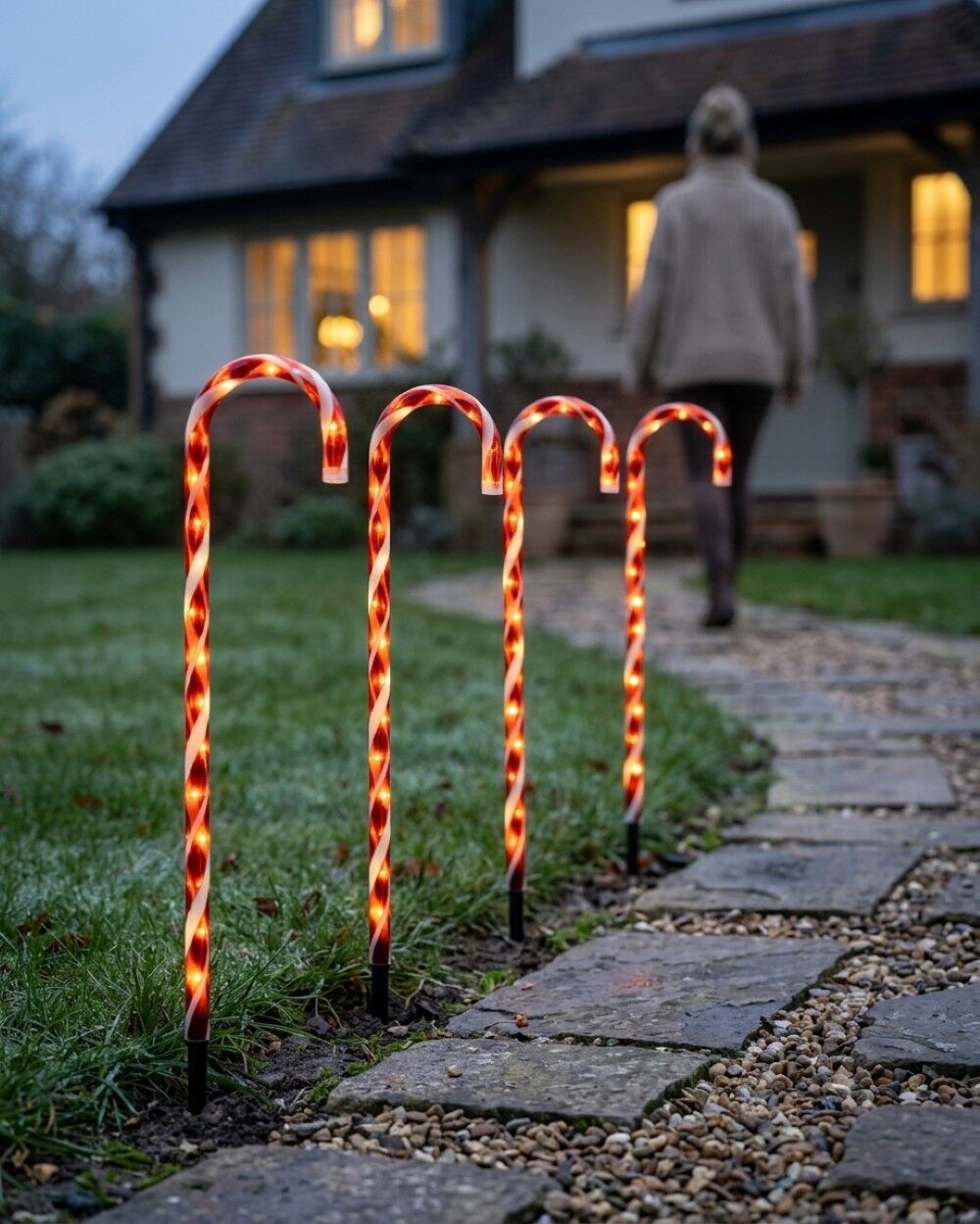 4x LED Christmas Candy Cane Path Lights - Red & White Garden Stakes | 80cmRed & White