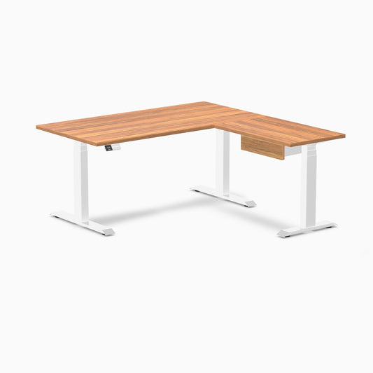 Desky Eco L-Shape Melamine Standing Desk With Drawer 150 x 155 cm Prime Oak Top and White Leg