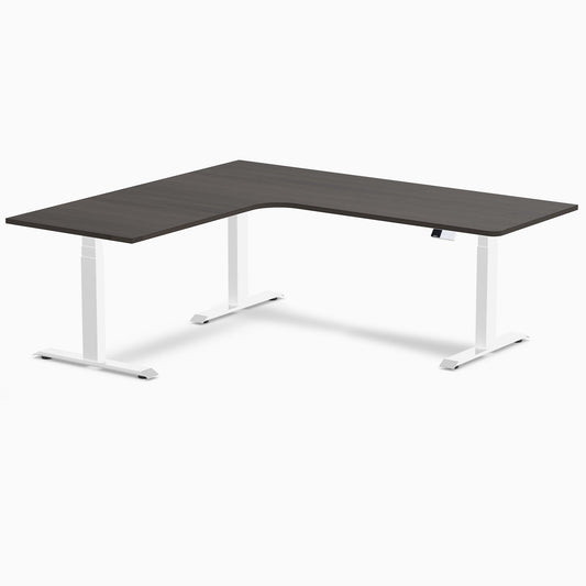 Desky L-Shape Melamine Sit Stand Desk 200cm - Left Return Burnished Wood Top and White Leg