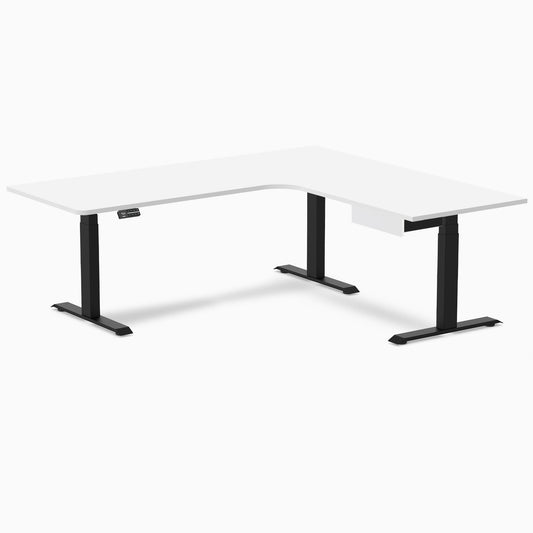 Desky L-Shape Melamine Standing Desk With Drawer 200cm - Right Return White Top and Matte Black Leg